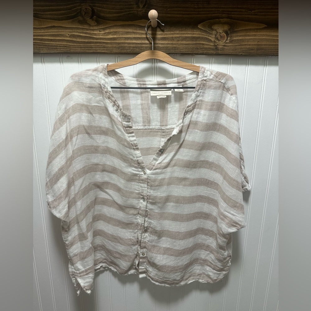 Cynthia Rowley Oversized Linen Striped V-neck Button up Top Sz S Beachy summer